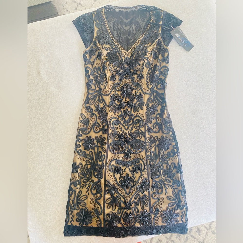 NWT Sue Wong Elegant Black and Beige Embroidered Dress
